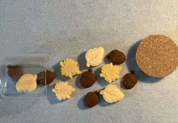 wax melts golden snowflakes leaves and nuts autumn decorative natural soy candle βελανίδια φύλλα φθινόπωρο