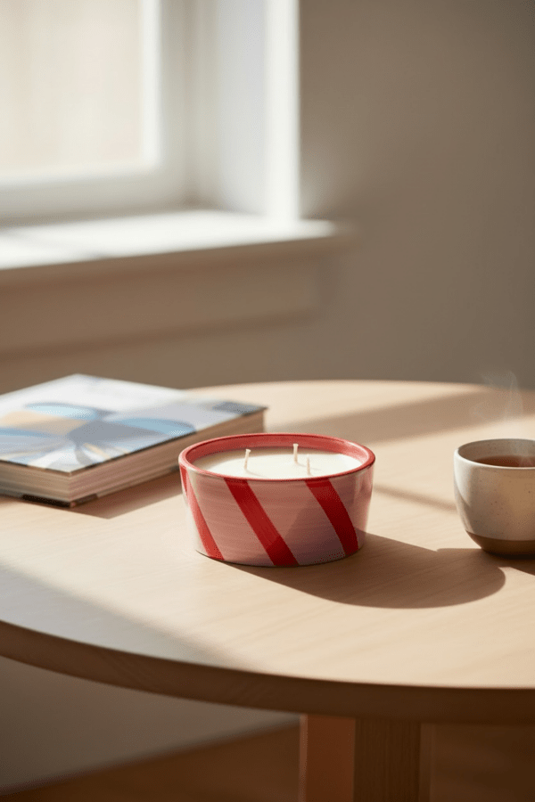 soy wax natural candle in container pink blooming stripes red stripes spring summer φυσικο κερι σογια ριγε ροζ κοκκινο ανοιξη καλοκαιρι